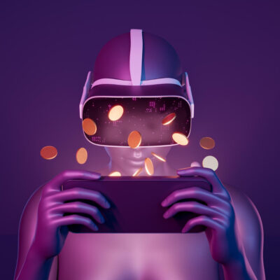 VR gamer with digital coins representing virtual trading and innovation by an NFT marketplace company