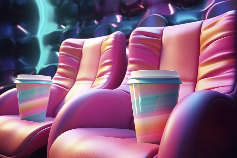 Modern cinema seats with vibrant colors and coffee cup — perfect setup for premium NFT-based event experience