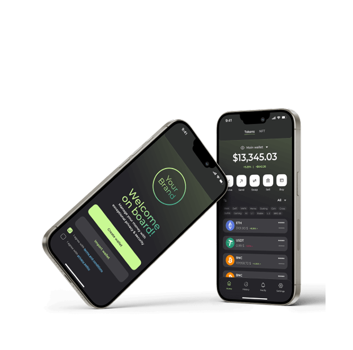 2 mobiles with a White label crypto wallet solutions are showing ETH, USDT, BTC balances
