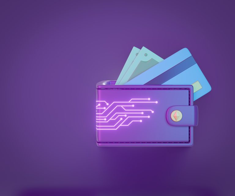 Cryptocurrency wallet money bag with credit card banknote icon on purple background. 3d rendering illustration