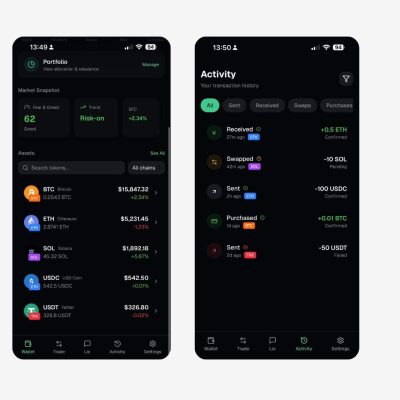2 screens of a crypto wallet